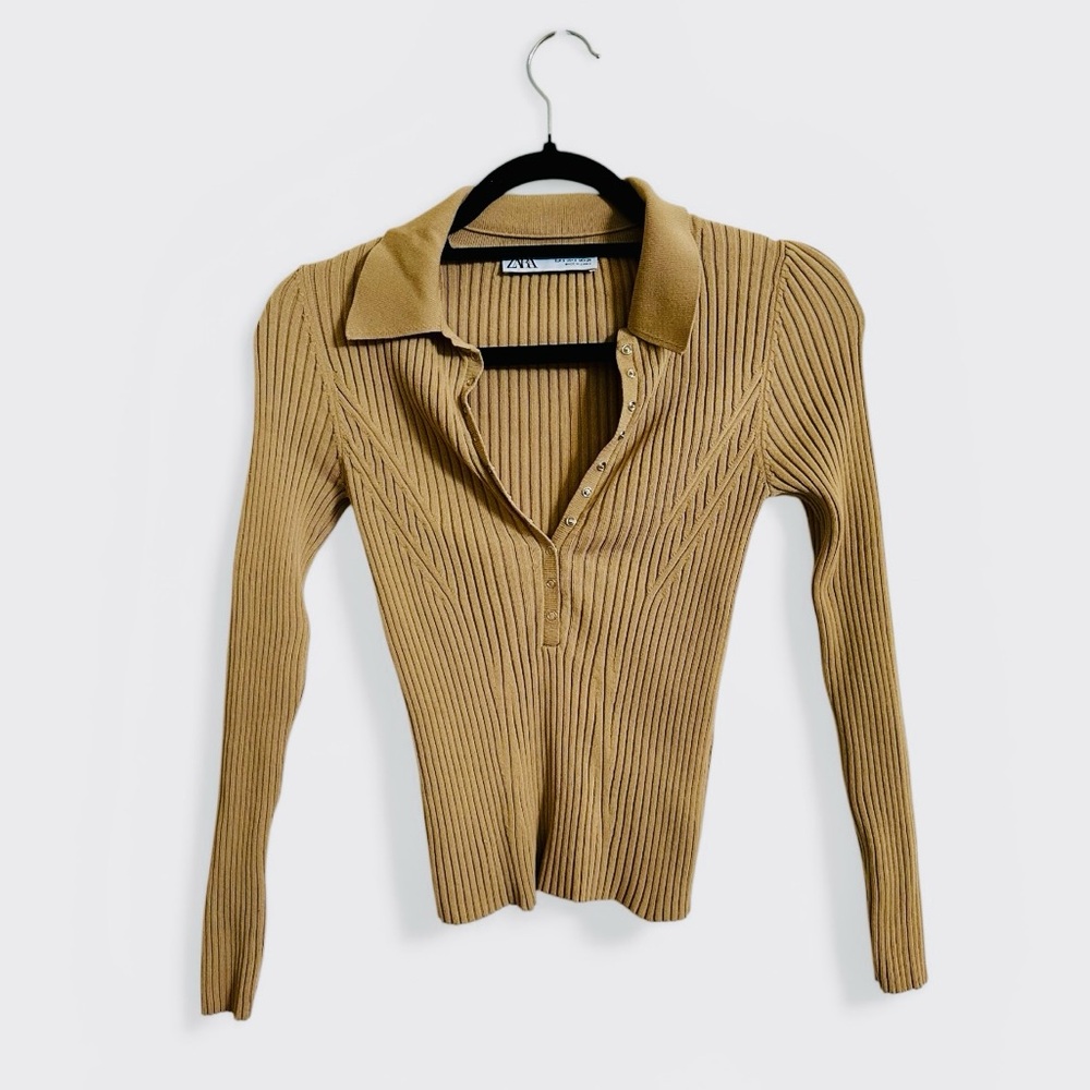 ZARA Ribbed Knit Polo Camel Size Small - Picture 8 of 12